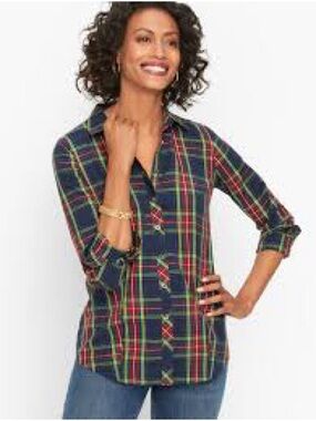 Talbots Navy Plaid Button-Down Shirt with Red and Green Stripes